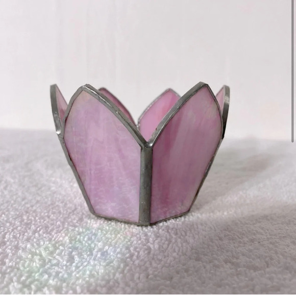 Vintage Handmade Breakthrough Glass Design Pink Stained Glass  Candle Holder - Picture 2 of 10